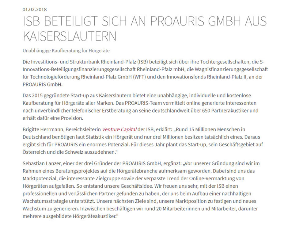 ISB beteiligt sich an PROAURIS GmbH aus Kaiserslautern