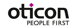 Das Oticon Logo, hauptsächlich in schwarz gehalten mit dem Schriftzug oticon und dem Slogan People First.